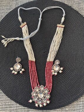 Red/Cream and Rhinestone Multi-Strand Necklace and Earrings Set
